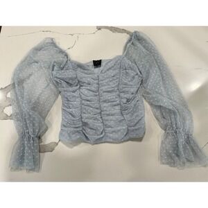 Madi Made Polka Dot Top Ruched Blouse Sheer Long Sleeve Blue Size‎ L